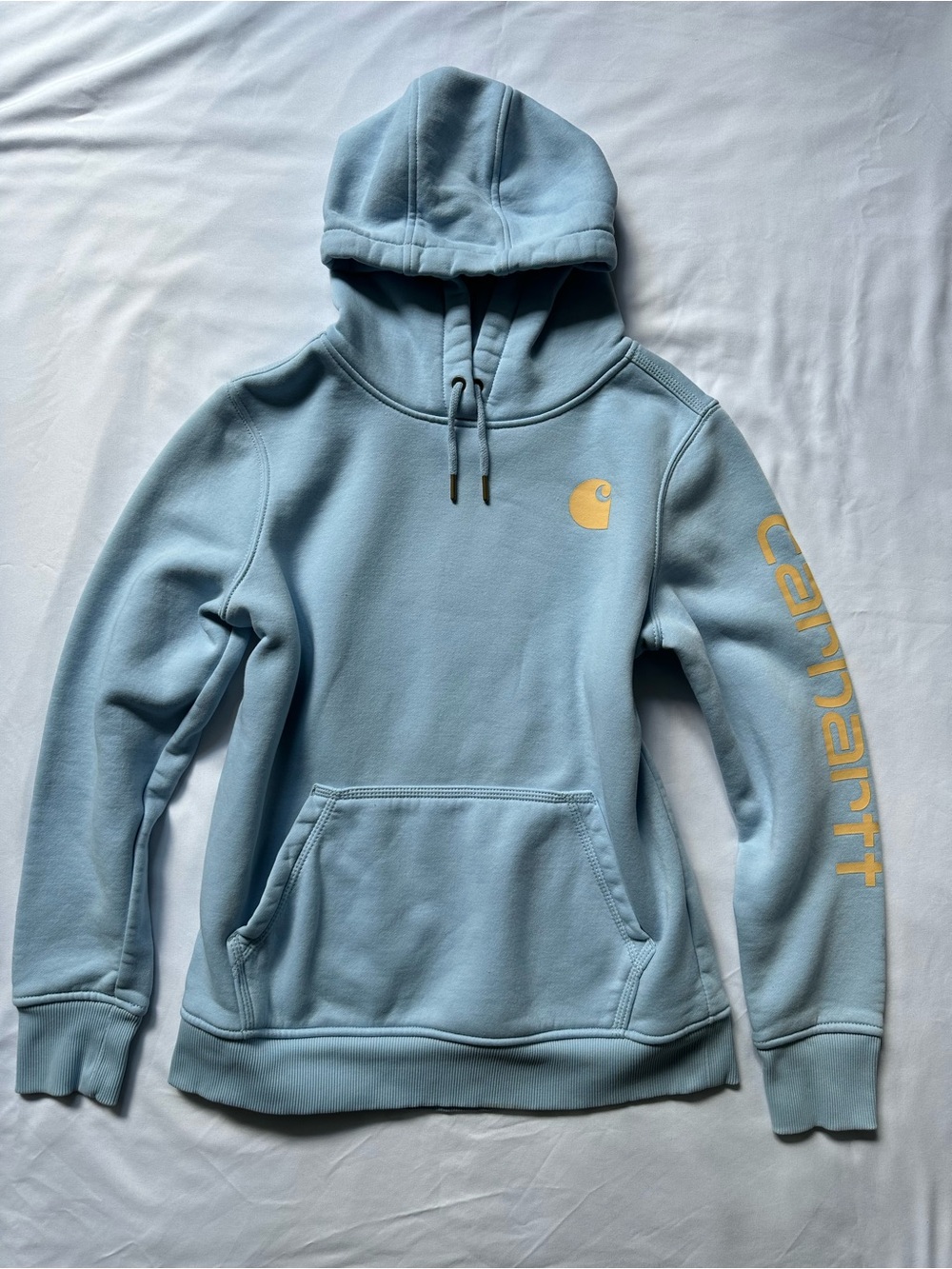 Carhartt Light Blue Pullover Hoodie with Yellow Chest and Sleeve Logo